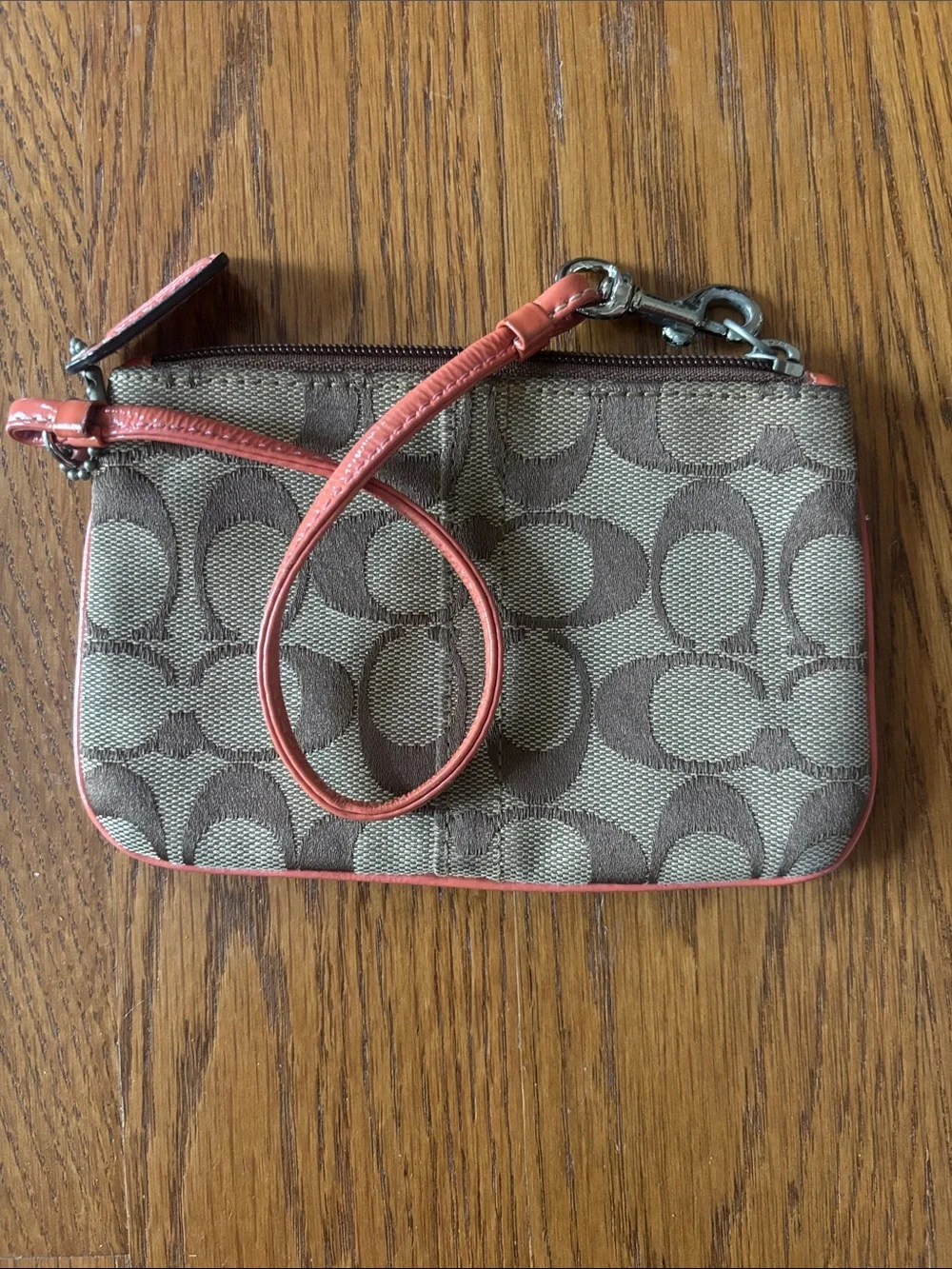 Coach Brown Signature Canvas Wristlet with Coral Trim